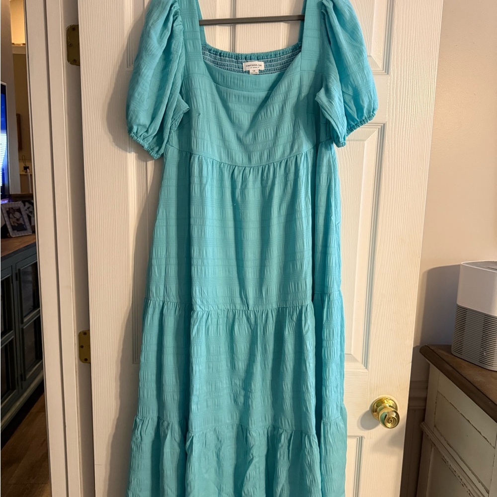 Chic Soul Aqua Puff Sleeve Maxi Dress